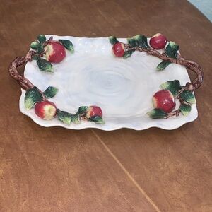 Apple Tree Design Terra Cotta Apple  & Leaves Serving Tray Handled Heavy